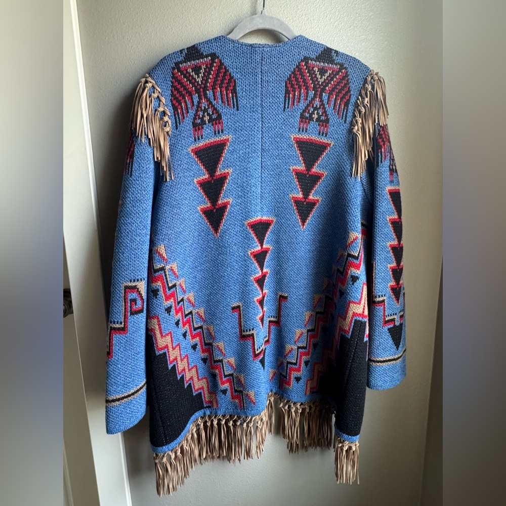 Made in USA Bohemian Cardigan with Thunderbird Design & Fringe, Blue, sz Lrg. - Picture 2 of 8